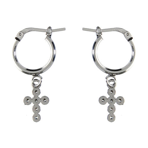 Agios huggie earrings with cross of white rhinestones, rhodium-plated 925 silver 2
