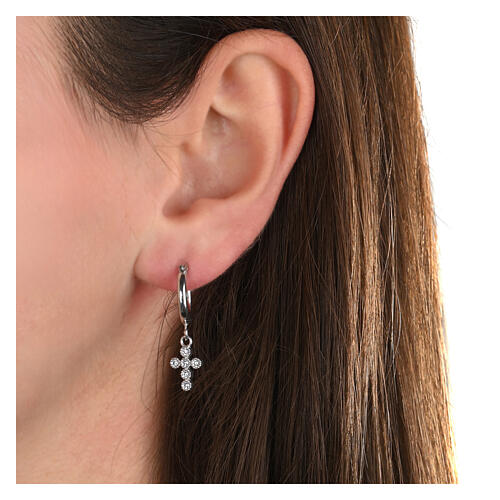 Agios huggie earrings with cross of white rhinestones, rhodium-plated 925 silver 2