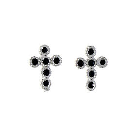 Agios cross-shaped stud earrings with black rhinestones, rhodium-plated 925 silver