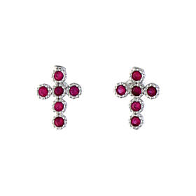 Agios cross-shaped stud earrings with red rhinestones, rhodium-plated 925 silver