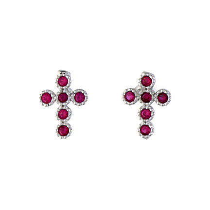 Agios cross-shaped stud earrings with red rhinestones, rhodium-plated 925 silver 1