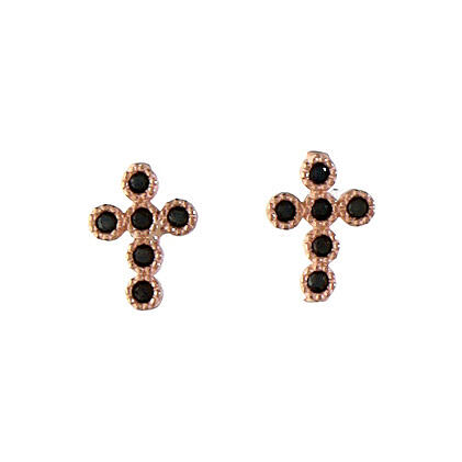 Agios cross-shaped stud earrings with black rhinestones, rosé 925 silver 1