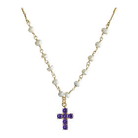 Kette von Agios, Kreuz, Lumae Patronus, 925er Silber, vergoldet, violette Zirkone, Perlen