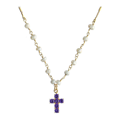 Kette von Agios, Kreuz, Lumae Patronus, 925er Silber, vergoldet, violette Zirkone, Perlen 1