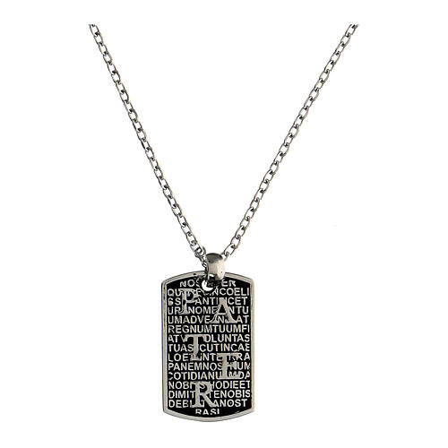 Rhodium plated silver Our Father plate necklace Agios 1