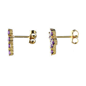 Agios Lumae Patronus stud earrings, gold plated cross with purple rhinestones, 925 silver