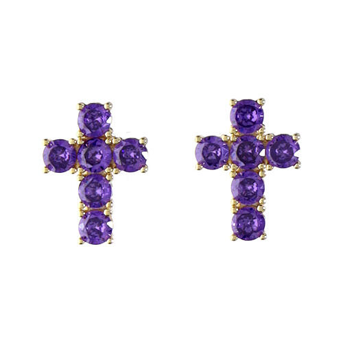 Agios Lumae Patronus stud earrings, gold plated cross with purple rhinestones, 925 silver 1
