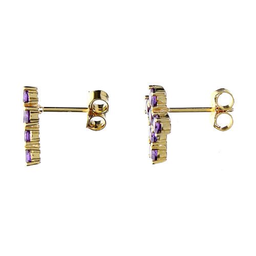 Agios Lumae Patronus stud earrings, gold plated cross with purple rhinestones, 925 silver 2