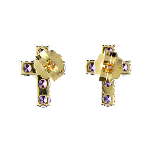 Agios Lumae Patronus stud earrings, gold plated cross with purple rhinestones, 925 silver 3