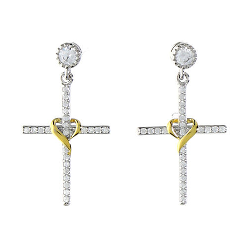 Brincos pêndulos Agios Ilumina cruz rodinada com zircões brancos e coração dourado prata 925 1