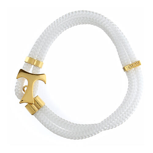 Vinculum Fidei bracelet by Agios, white rope and gold plated tau 1