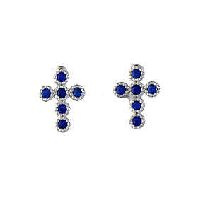Clous d'oreilles Agios croix rhodiée avec zircons bleus argent 925