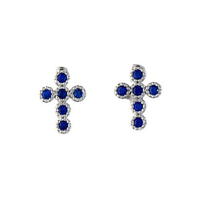 Clous d'oreilles Agios croix rhodiée avec zircons bleus argent 925 1