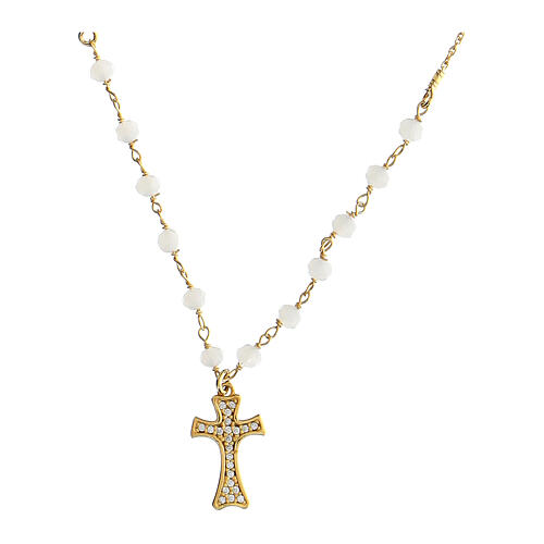 Golden cross necklace Claritas Agios white agate zircons 1