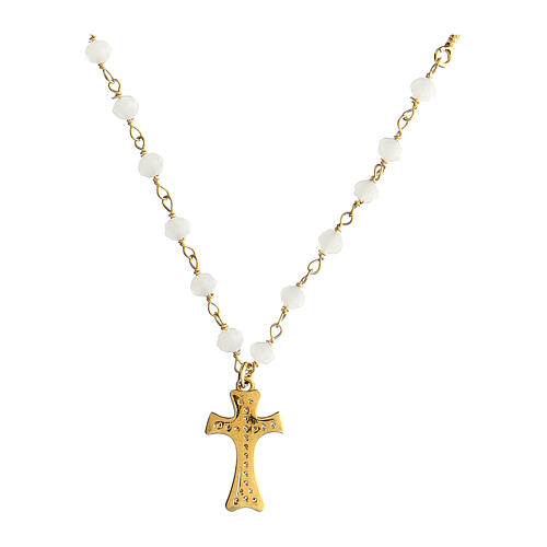 Golden cross necklace Claritas Agios white agate zircons 2