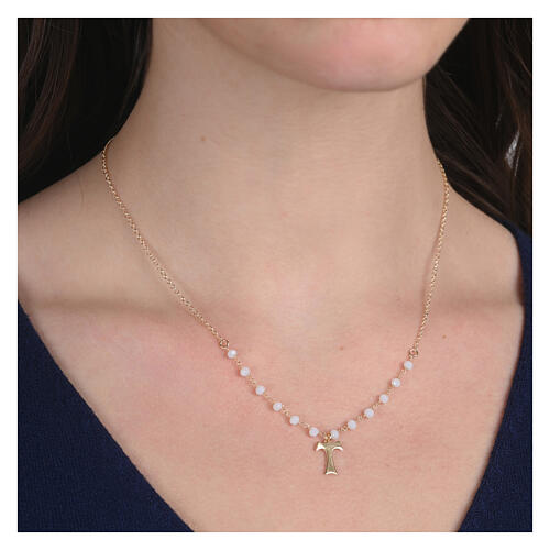 Claritas necklace by Agios, gold plated 925 silver, tau cross and white agate 2