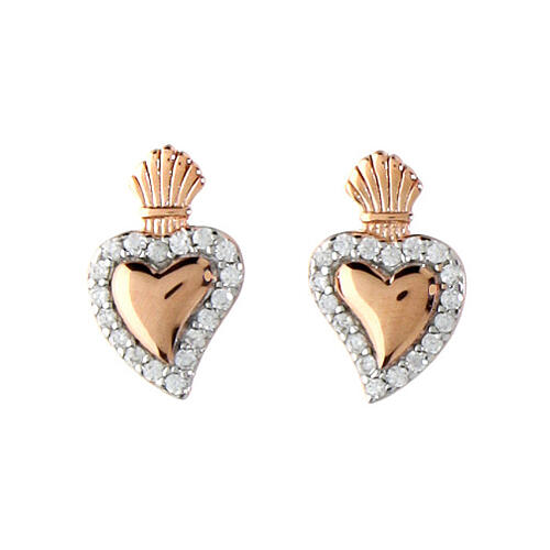 Agios O Sacrum Cor stud earrings, rosé silver and white rhinestones 1