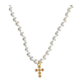 Cross necklace red zircon pearls Agios Icona collection