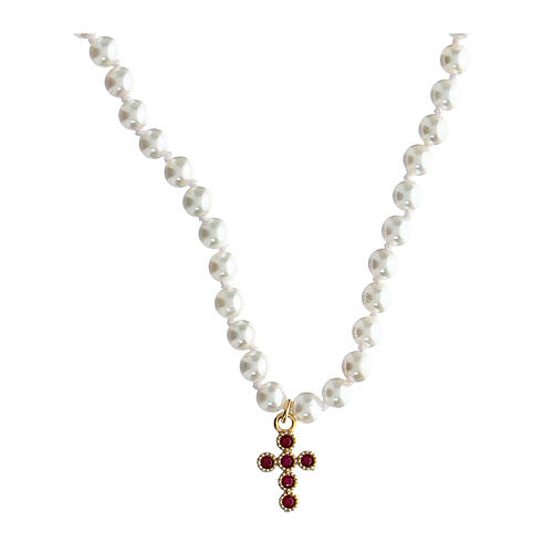 Cross necklace red zircon pearls Agios Icona collection 1