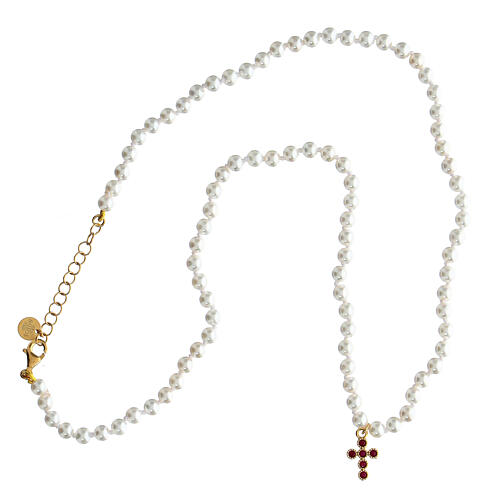Cross necklace red zircon pearls Agios Icona collection 3