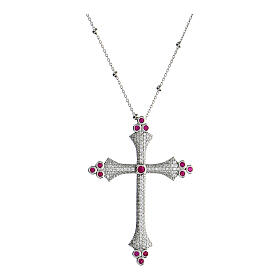 Kette von Agios, Kreuz-Anhänger, Crucis Luminis, 925er Silber, rhodiniert, weiße/rubinrote Zirkone