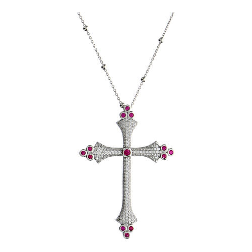 Kette von Agios, Kreuz-Anhänger, Crucis Luminis, 925er Silber, rhodiniert, weiße/rubinrote Zirkone 1