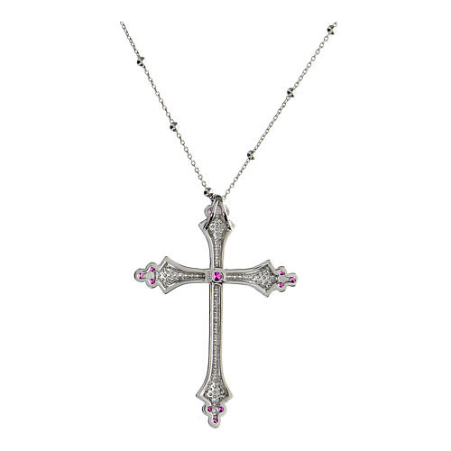 Kette von Agios, Kreuz-Anhänger, Crucis Luminis, 925er Silber, rhodiniert, weiße/rubinrote Zirkone 3