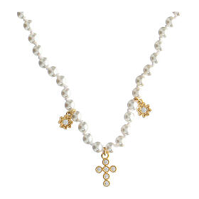 Kette von Agios, Aureum, Kreuz-Anhänger, 925er Silber, vergoldet, weiße Zirkone, Perlen