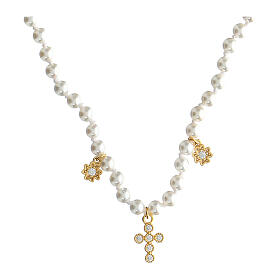 Kette von Benedictus, Aureum, Kreuz-Anhänger, 925er Silber, vergoldet, weiße Zirkone, Perlen
