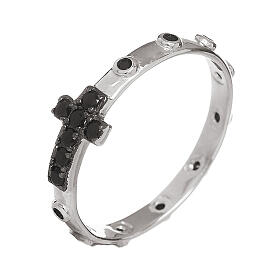 Agios Lumina prayer ring with black rhinestones and a cross, rhodium-plated 925 silver