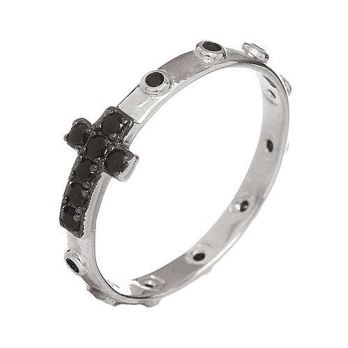 Agios Lumina prayer ring with black rhinestones and a cross, rhodium-plated 925 silver 1