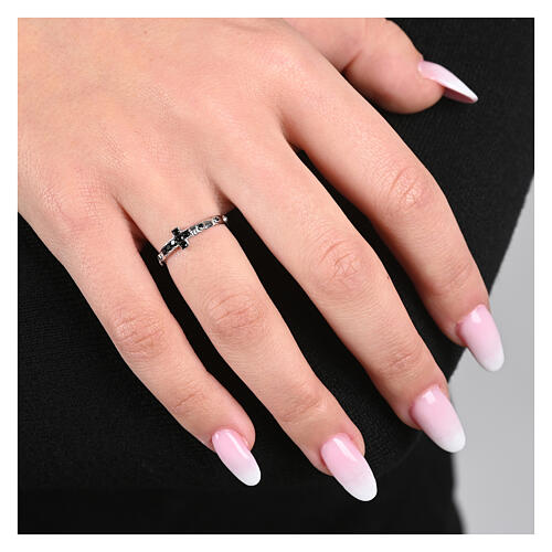 Agios Lumina prayer ring with black rhinestones and a cross, rhodium-plated 925 silver 2