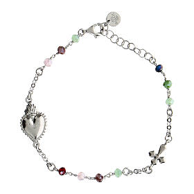 Rhodium-plated Sacred Heart bracelet Agios multicolor beads