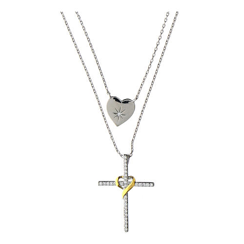 Naszyjnik podwójny, Illumina, srebro, krzyż, serce, cyrkonie, Agios 1