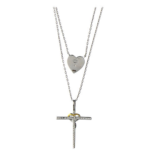 Naszyjnik podwójny, Illumina, srebro, krzyż, serce, cyrkonie, Agios 2