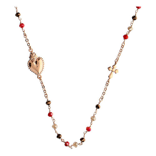 Agios Sacred Heart choker of rosé 925 silver, red and brown beads 1