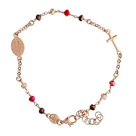 Agios bracelet with red and brown beads and Miraculous Medal, rosé 925 silver