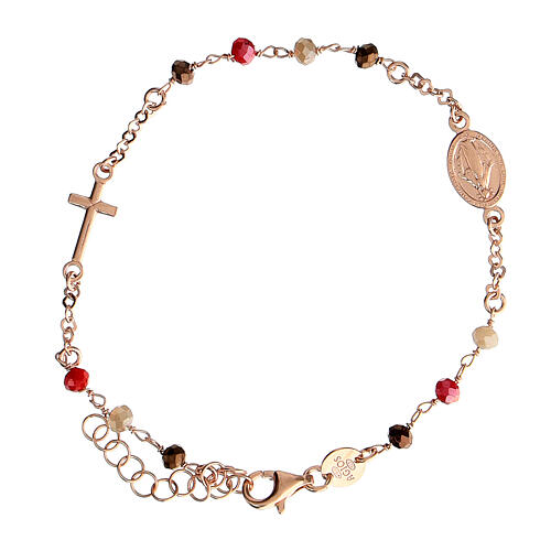 Agios bracelet with red and brown beads and Miraculous Medal, rosé 925 silver 1