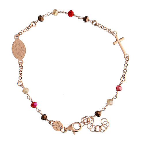 Agios bracelet with red and brown beads and Miraculous Medal, rosé 925 silver 2