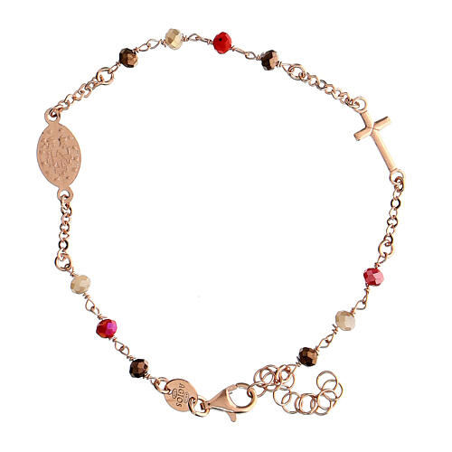 Agios bracelet with red and brown beads and Miraculous Medal, rosé 925 silver 3