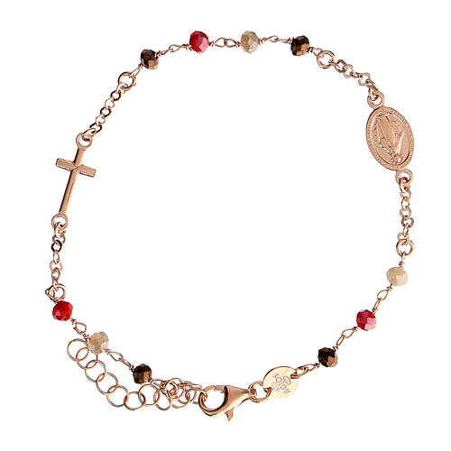 Bracelet argent 925 rosé Médaille Miraculeuse grains rouges bruns Agios 1