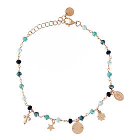 Agios Amore bracelet with dangle charms and blue beads, rosé 925 silver