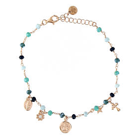 Rose silver bracelet light blue beads medals Agios