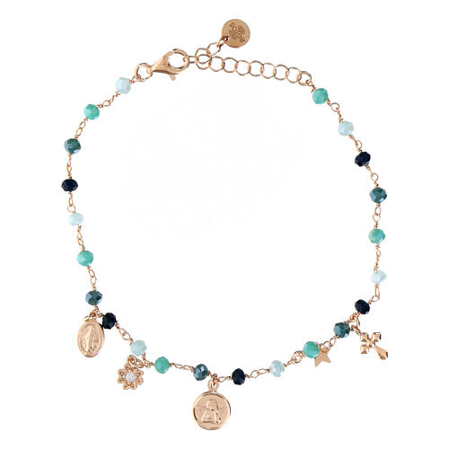 Rose silver bracelet light blue beads medals Agios 1