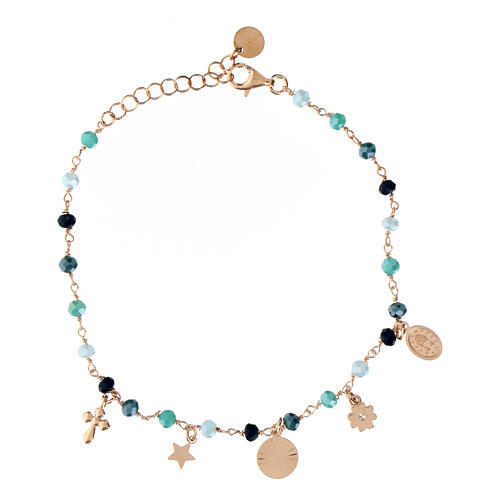 Rose silver bracelet light blue beads medals Agios 2