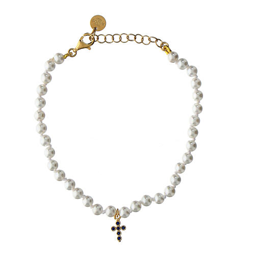 Crucis bracelet by Agios with pearls and blue rhinestone cross, 925 silver 1