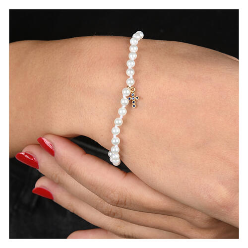 Pulsera Crucis perlas cruz zirconada azul Agios plata 925 2