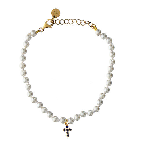 Bransoletka Crucis, perły, krzyż z cyrkoniami niebieskimi, Agios, srebro 925 1