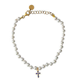 Pulseira Crucis pérolas cruz zircões azuis Benedictus prata 925
