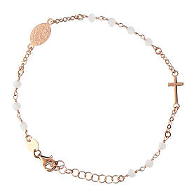 Agios bracelet with white beads and Miraculous Medal, rosé 925 silver
